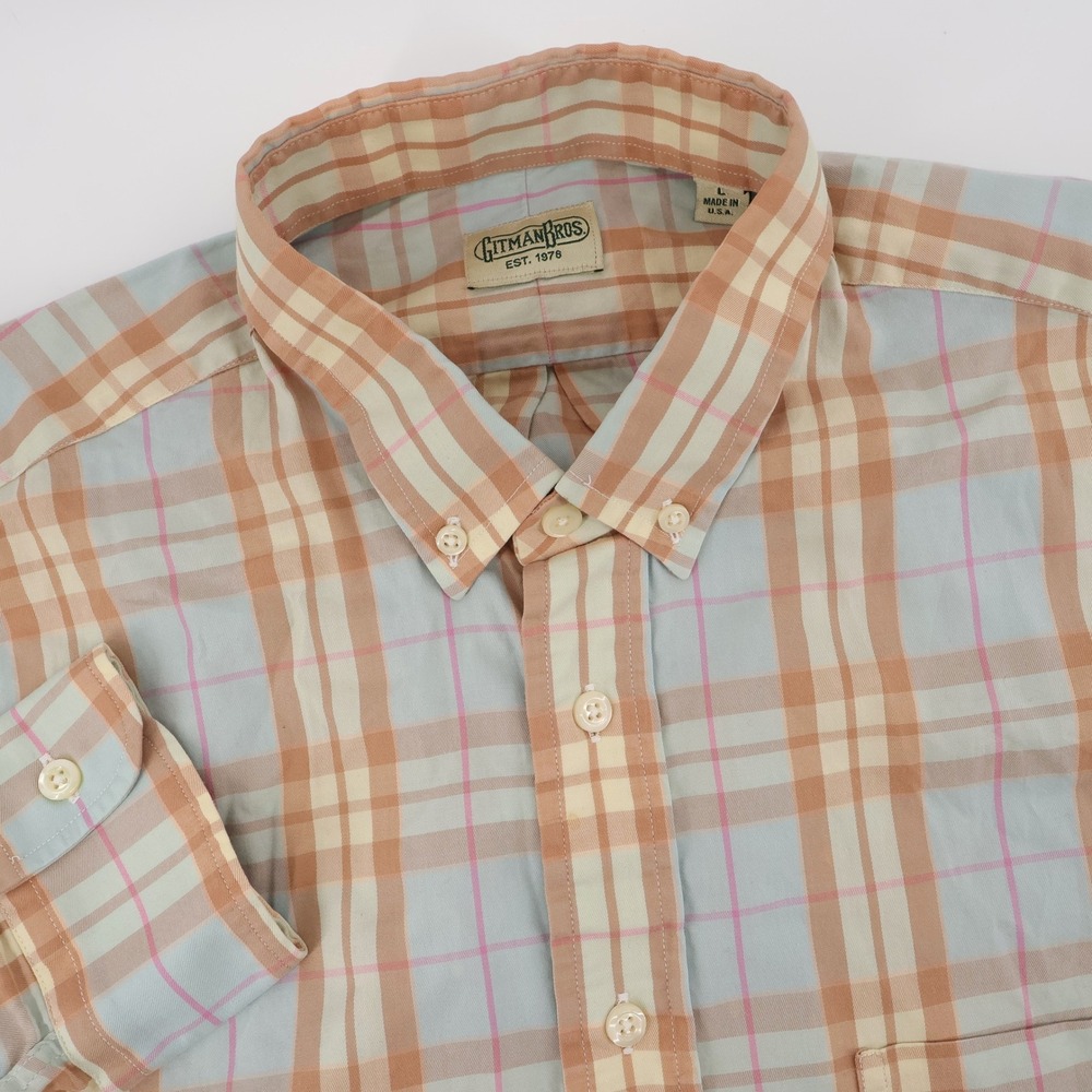 Gitman Bros Plaid Button Down Shirt Peach Blue Long Sleeve Mens Size L